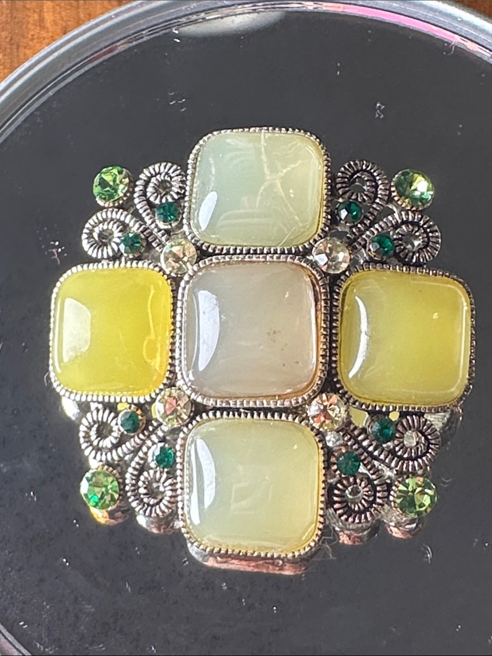 Vintage Maltese/Celtic Cross Yellow and Pale Green Glass Stone Brooch/Pendant